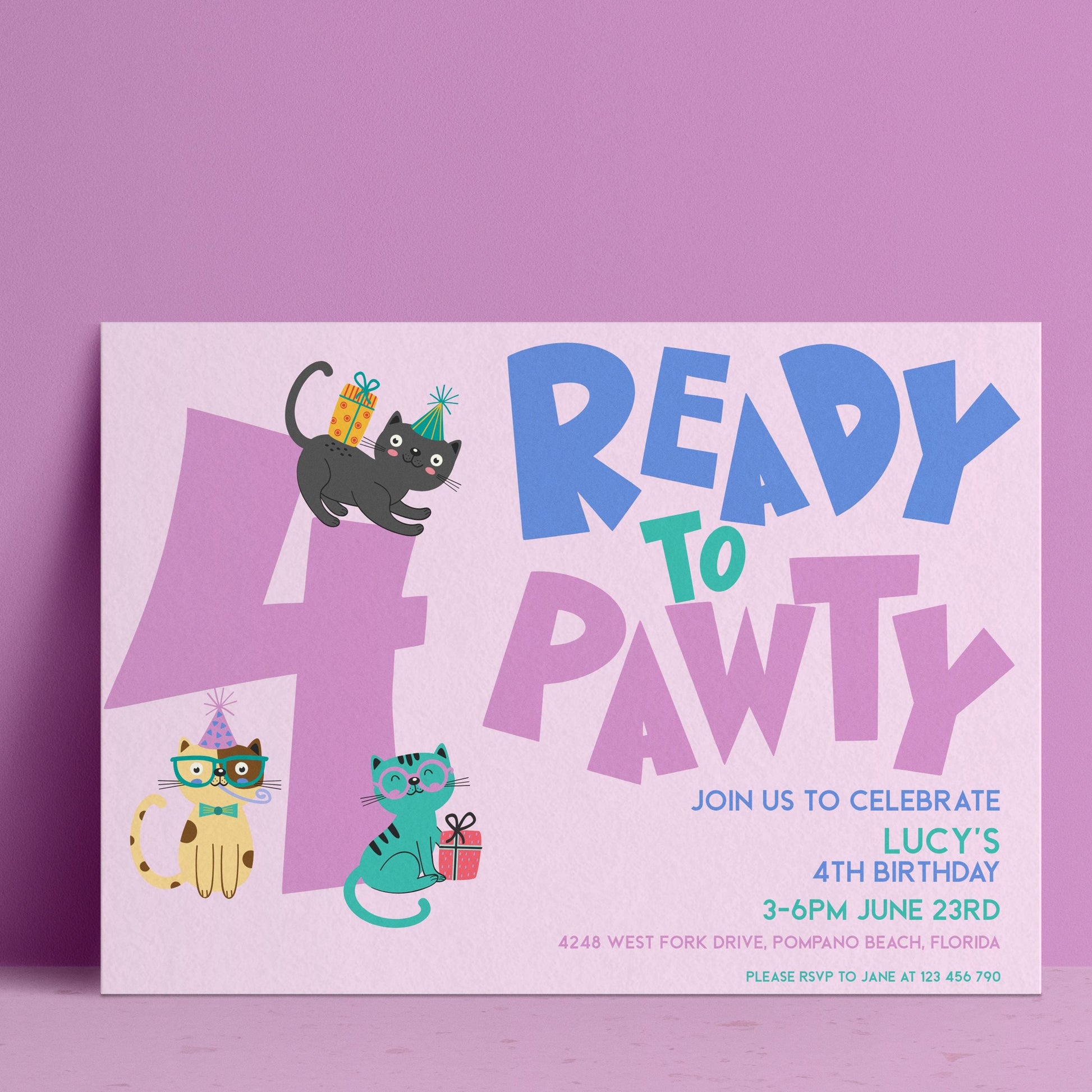 The image is a birthday party invitation for a 4th birthday celebration.
