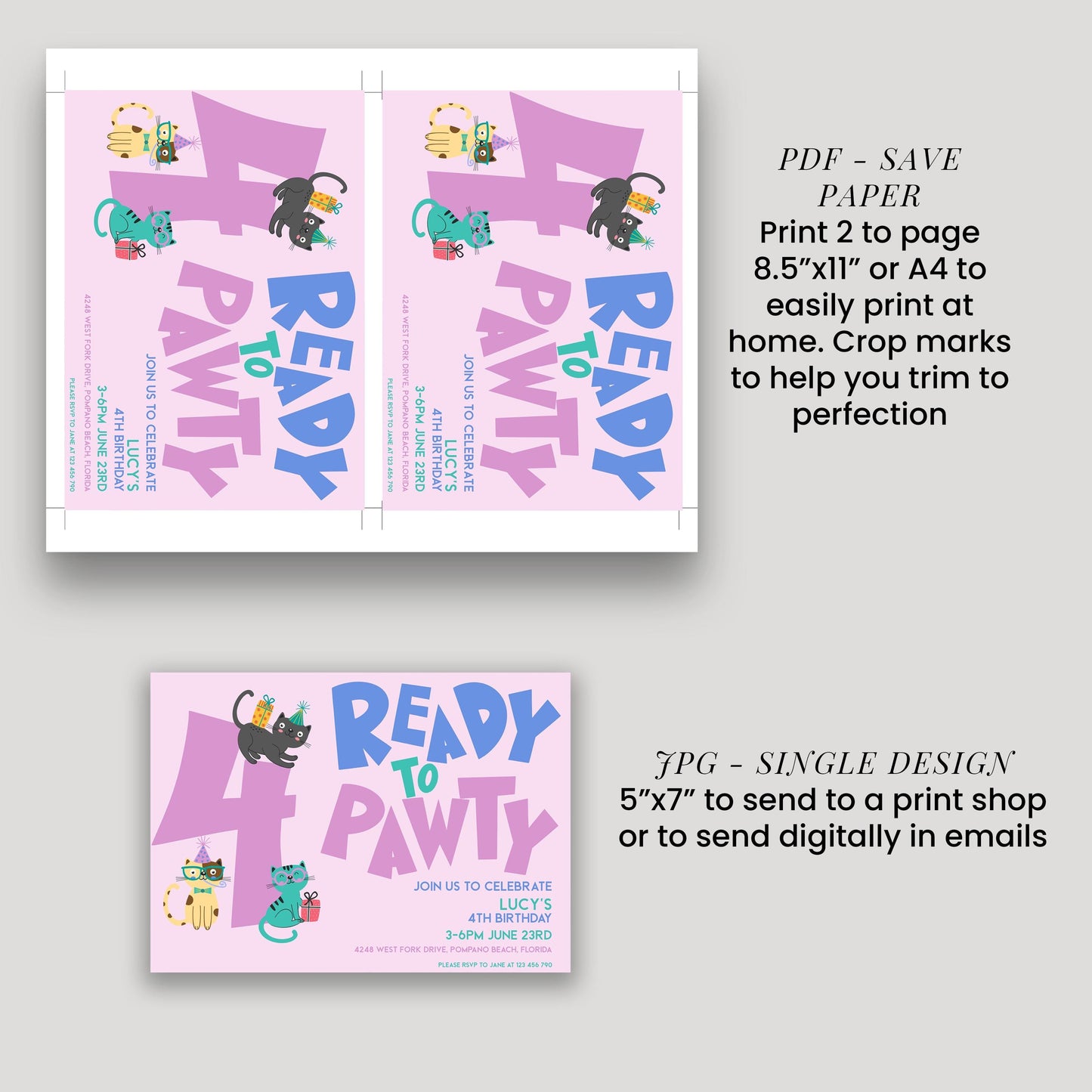 a pink invitation card with a cat theme, featuring the number 4 and text that says "READY TO PAWTY". The card is accompanied by instructions for printing and sending the invitation, as well as a single design for sending the invitation.