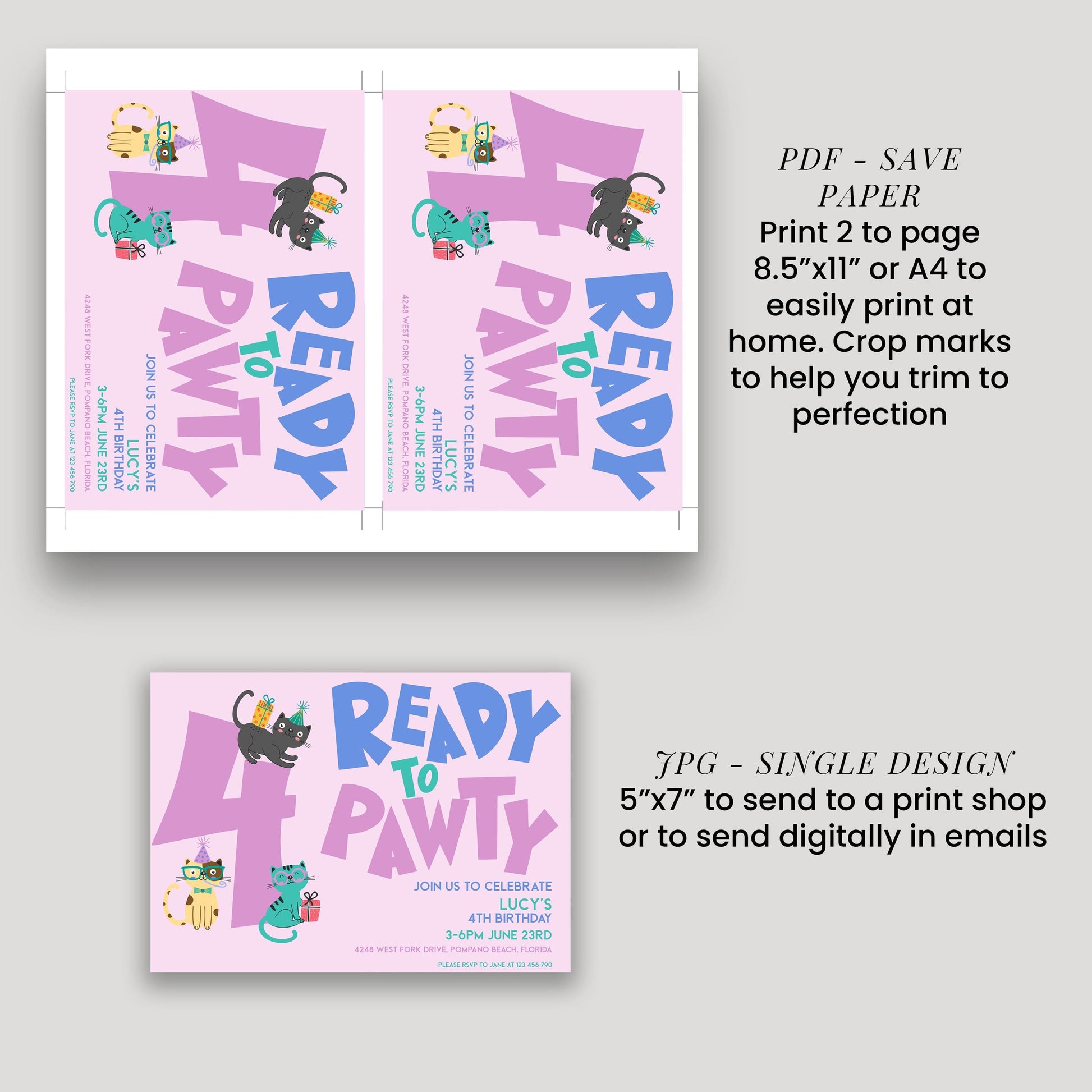 a pink invitation card with a cat theme, featuring the number 4 and text that says "READY TO PAWTY". The card is accompanied by instructions for printing and sending the invitation, as well as a single design for sending the invitation.