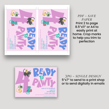 a pink invitation card with a cat theme, featuring the number 4 and text that says "READY TO PAWTY". The card is accompanied by instructions for printing and sending the invitation, as well as a single design for sending the invitation.