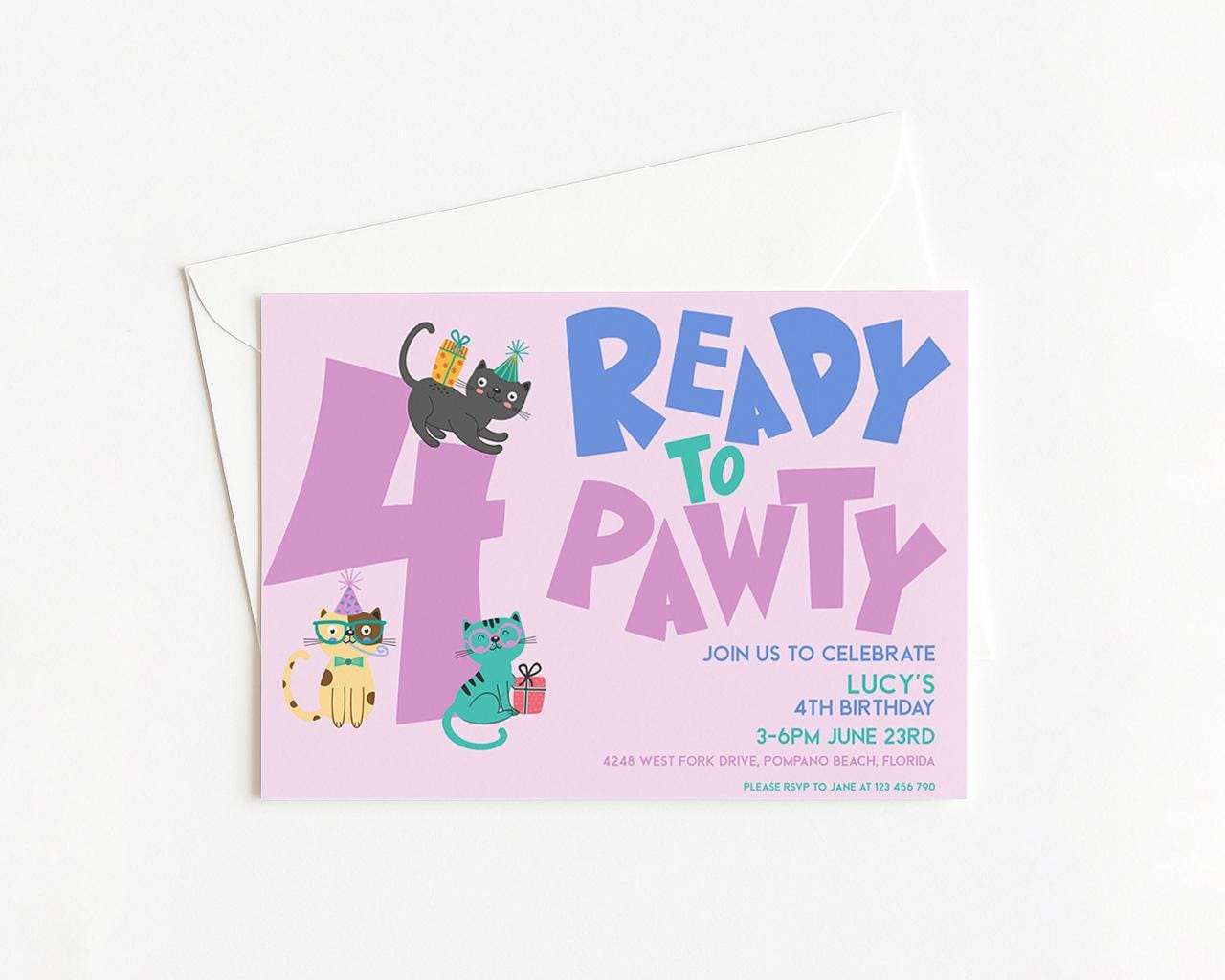 The image is a birthday invitation for a 4th party, featuring colorful illustrations of cats and text inviting guests to celebrate Lucy's 4th birthday.