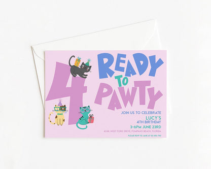 The image is a birthday invitation for a 4th party, featuring colorful illustrations of cats and text inviting guests to celebrate Lucy's 4th birthday.