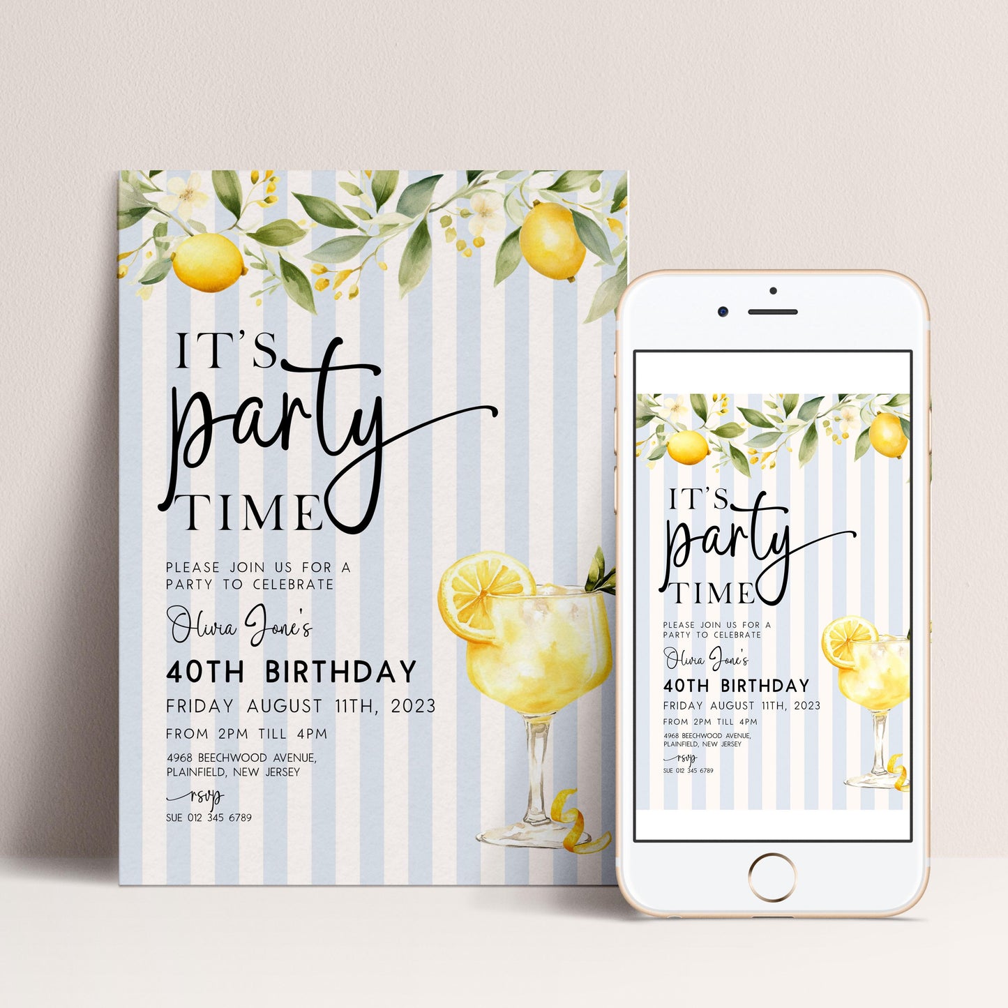 The image is a birthday party invitation featuring a lemon and lime theme, with illustrations of a glass of lemonade and lemon slices. The invitation is for a 40th birthday party on Friday, August 11th, 2023, from 2 PM to 4 PM at 6948 Beechwood Avenue, Jersey.