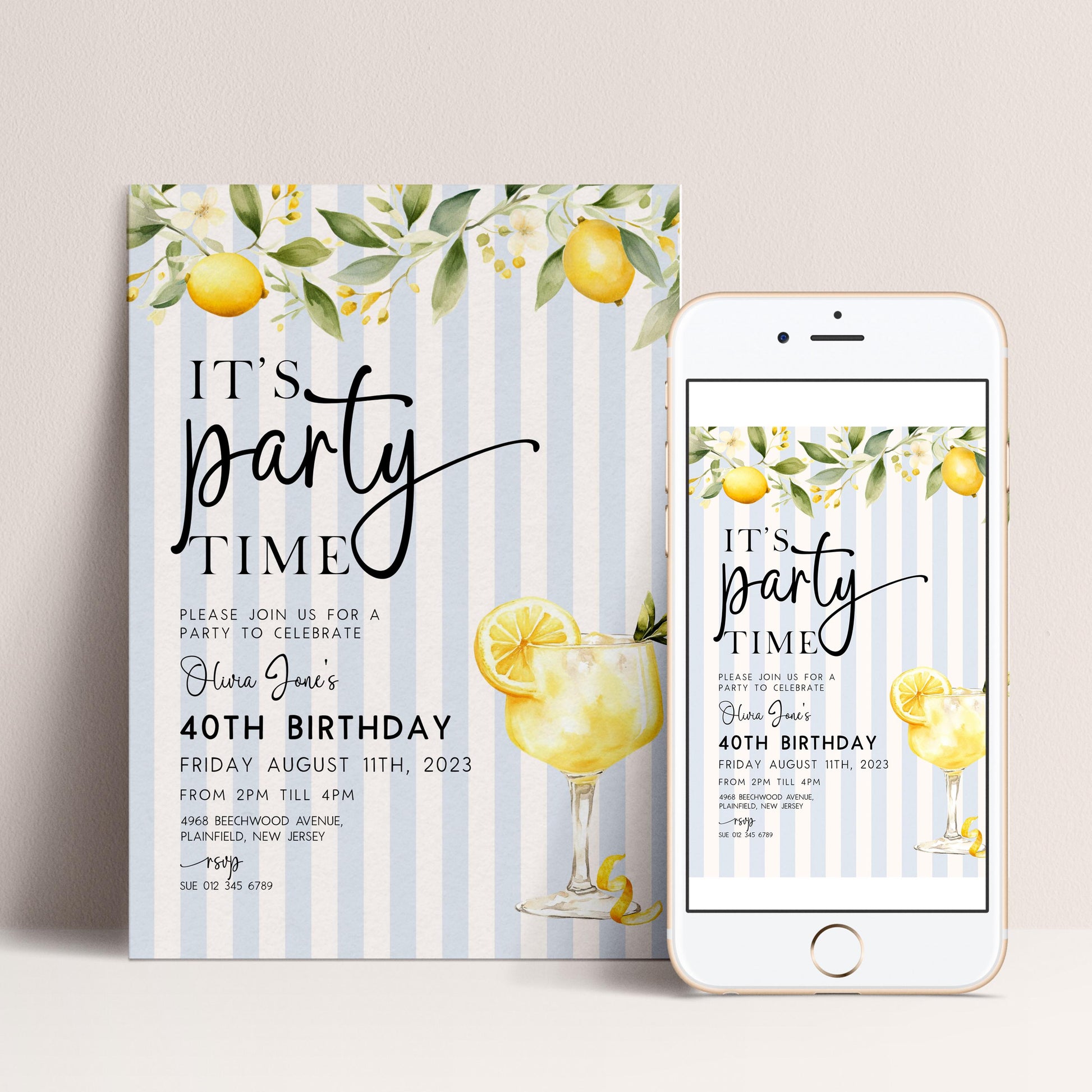 The image is a birthday party invitation featuring a lemon and lime theme, with illustrations of a glass of lemonade and lemon slices. The invitation is for a 40th birthday party on Friday, August 11th, 2023, from 2 PM to 4 PM at 6948 Beechwood Avenue, Jersey.