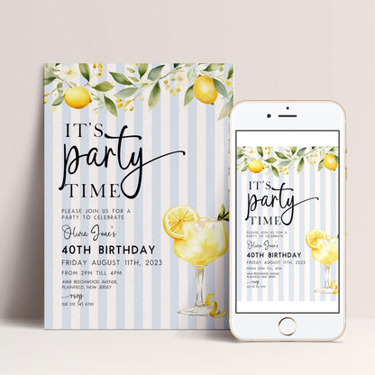 The image is a birthday party invitation featuring a lemon and lime theme, with illustrations of a glass of lemonade and lemon slices. The invitation is for a 40th birthday party on Friday, August 11th, 2023, from 2 PM to 4 PM at 6948 Beechwood Avenue, Jersey.