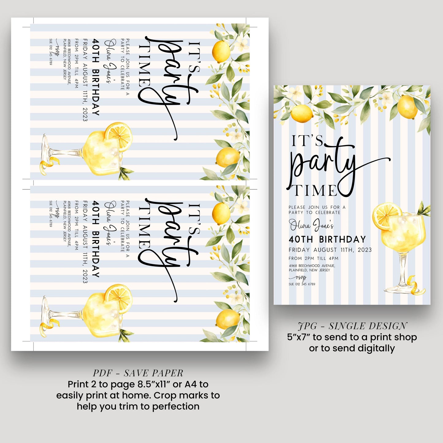 The image is a party invitation featuring a lemon and lime theme. It includes text and illustrations of a lemon and lime glass, along with details about a 40th birthday party.