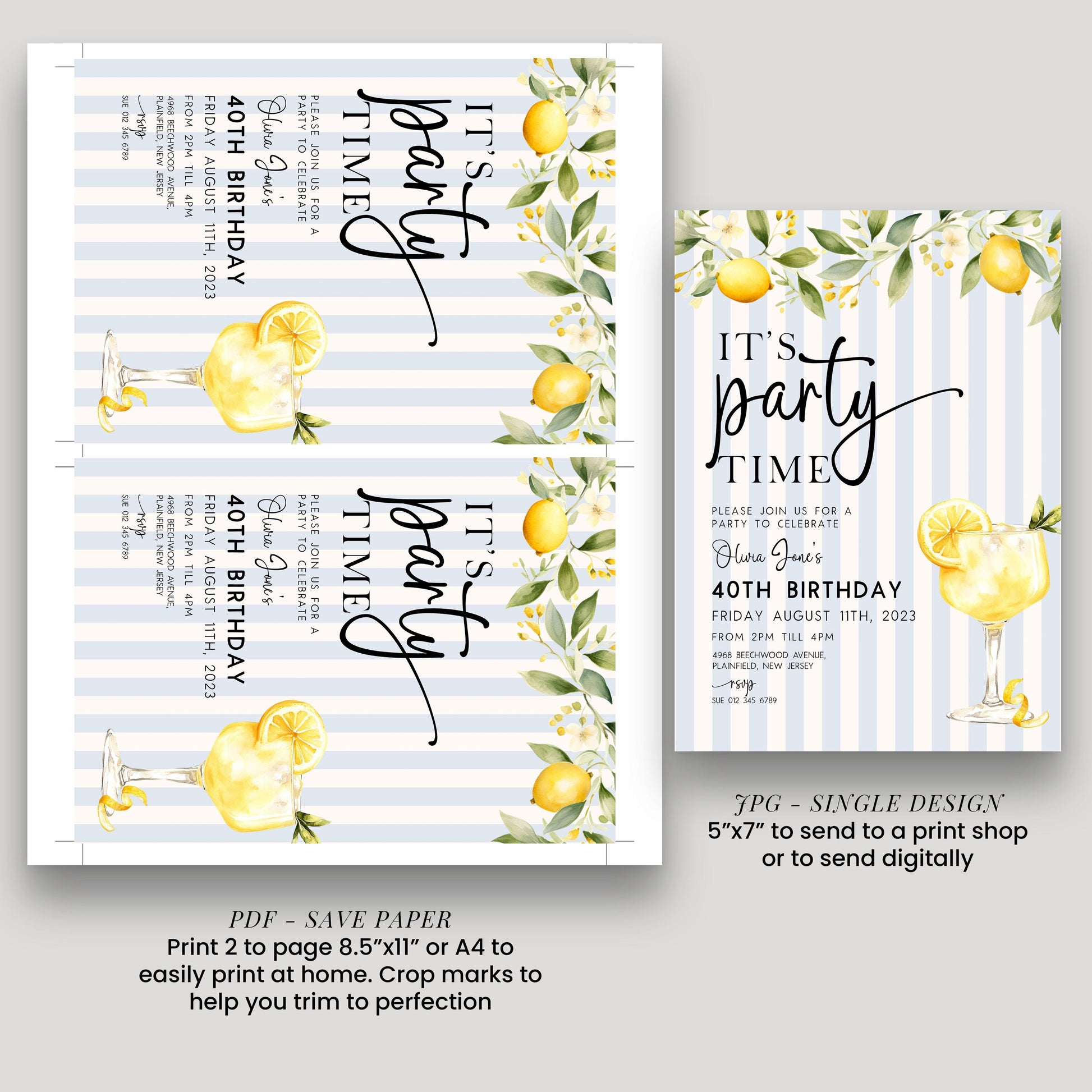 The image is a party invitation featuring a lemon and lime theme. It includes text and illustrations of a lemon and lime glass, along with details about a 40th birthday party.