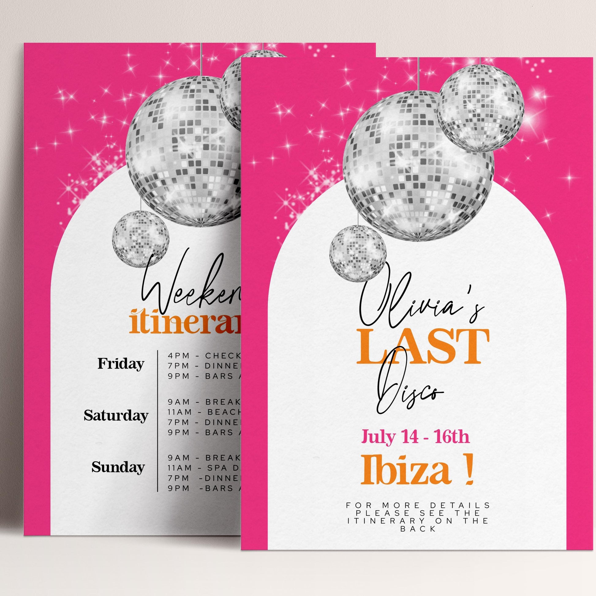 The image is a pink invitation card for a party, featuring a disco theme with disco balls and a schedule of events.