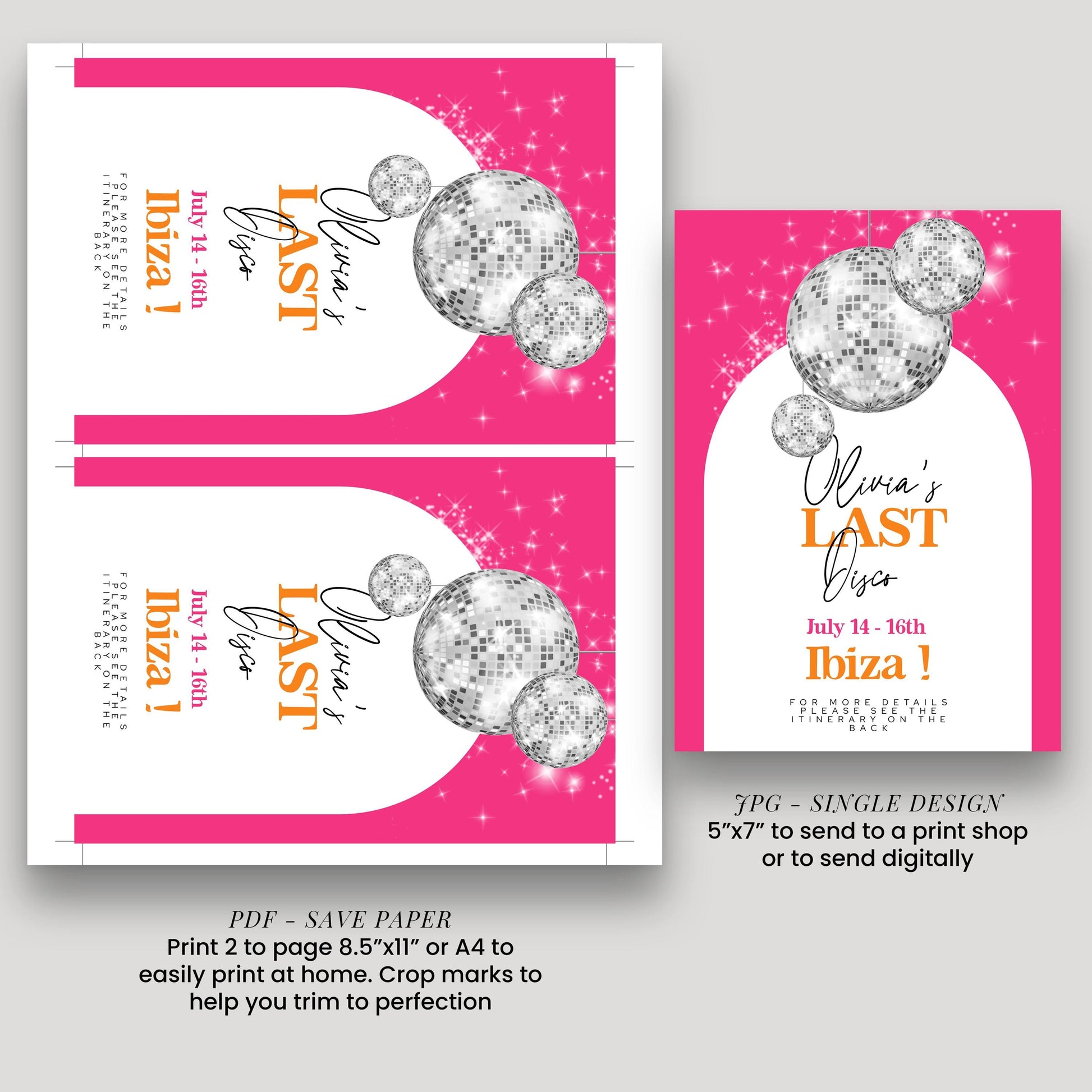 a pink background with silver disco balls and text, including a party invitation for a girl named Olivia's last disco party.