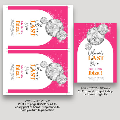 a pink background with silver disco balls and text, including a party invitation for a girl named Olivia's last disco party.