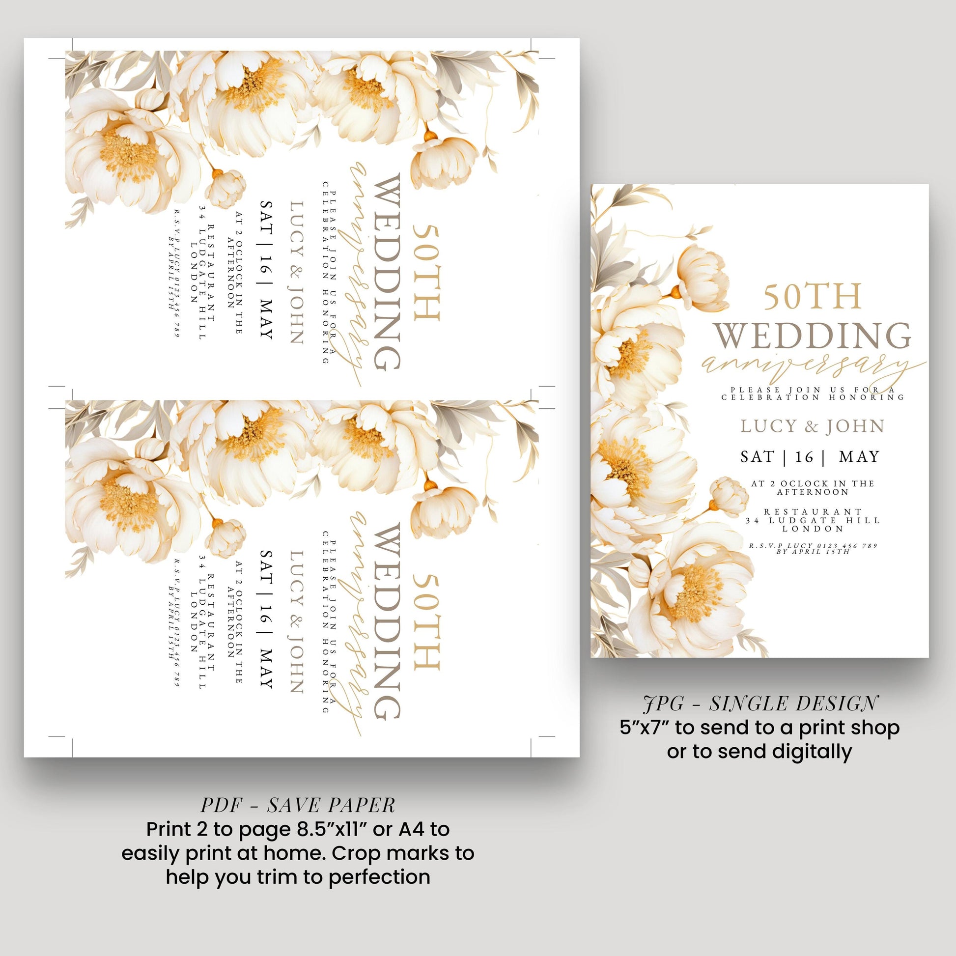 a wedding invitation for a 50th anniversary celebration. The invitation features a floral design with white and gold flowers, and it includes details about the event, such as the date, time, location, and the names of the couple. The invitation is printed on a white background and includes a QR code for digital printing. The text is printed in a clear and legible font, and the layout is simple and straightforward.
