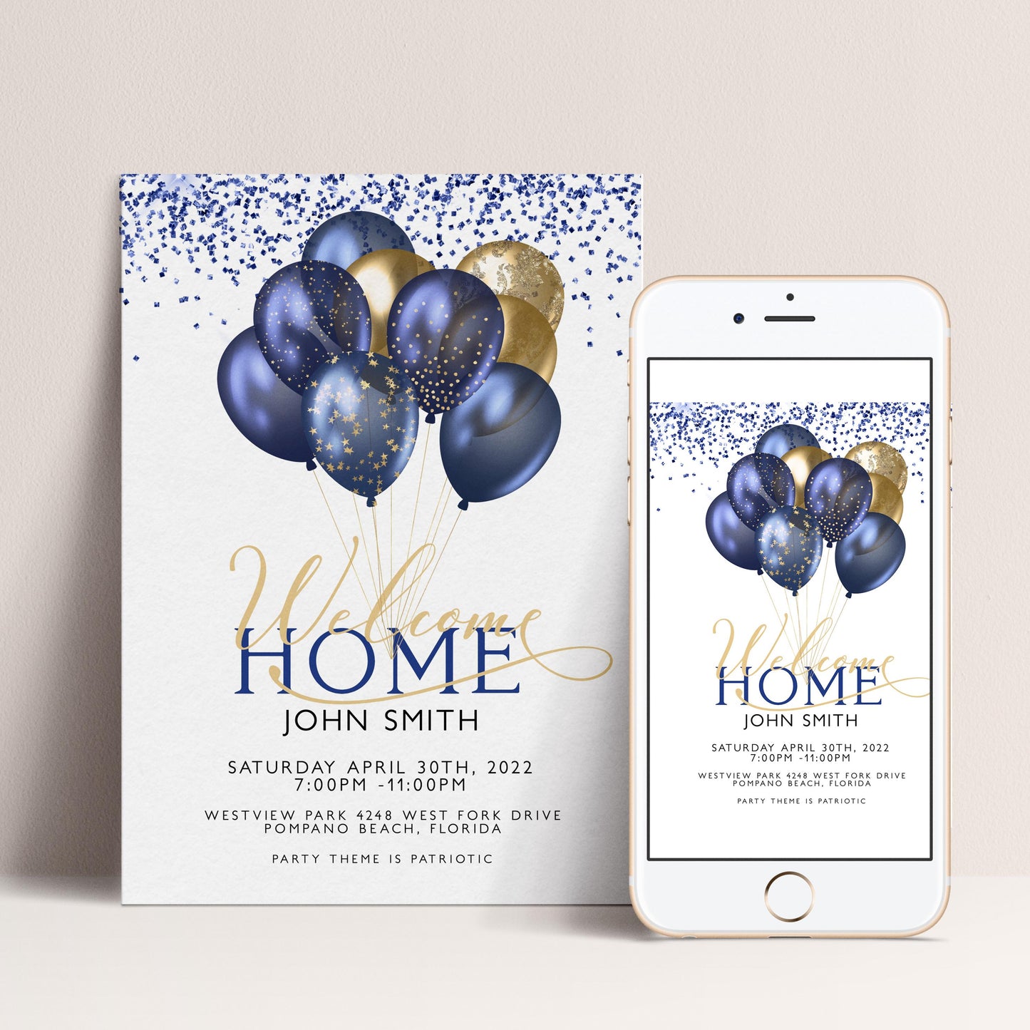 The image is a welcome card for John Smith's arrival, featuring a design with blue and gold balloons and confetti.