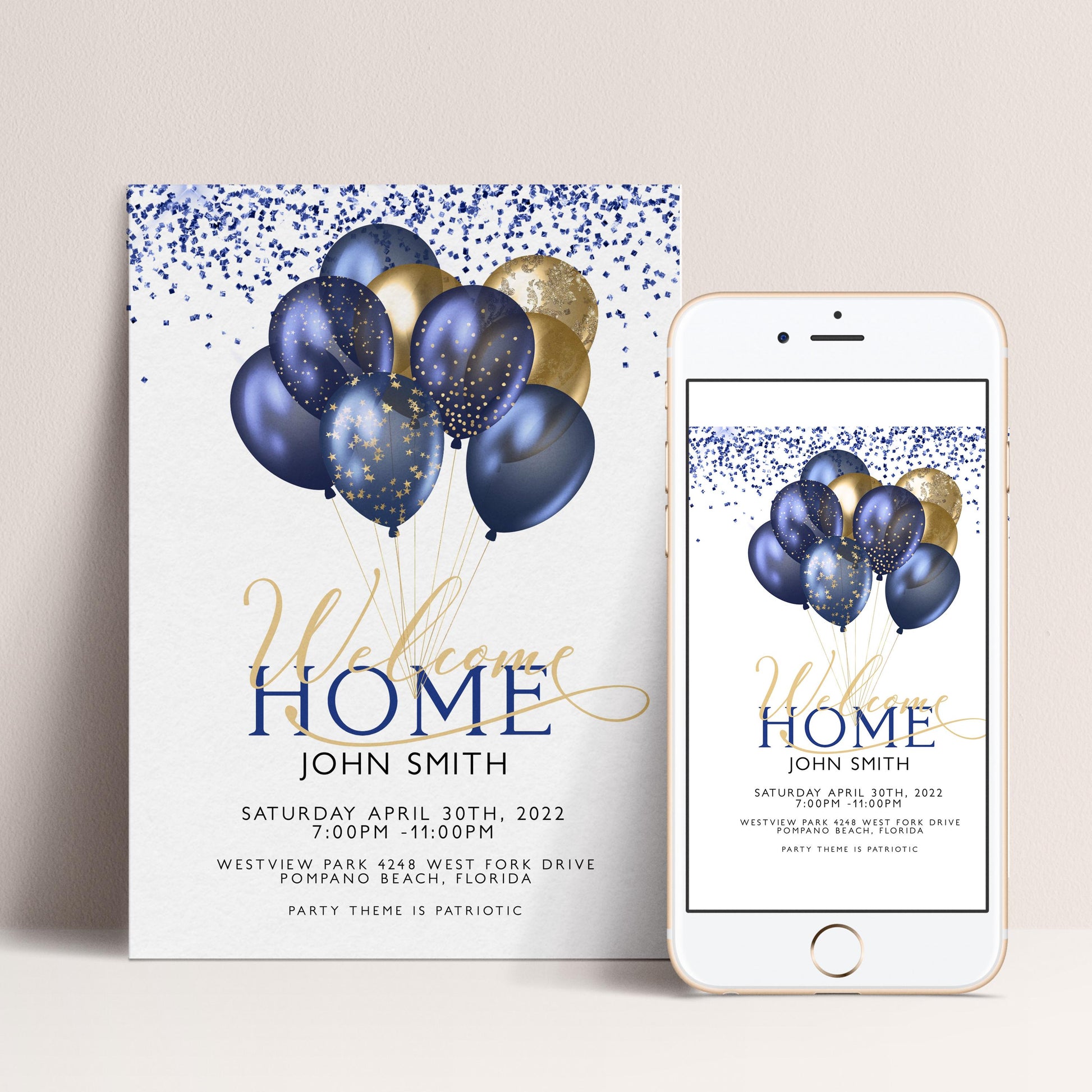 The image is a welcome card for John Smith's arrival, featuring a design with blue and gold balloons and confetti.