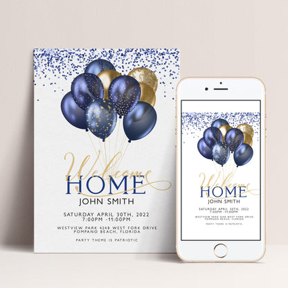 The image is a welcome card for John Smith's arrival, featuring a design with blue and gold balloons and confetti.