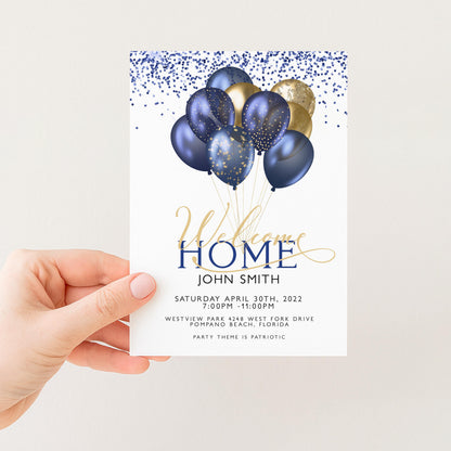 A hand holding a white card with a welcome message and a graphic of blue and gold balloons.