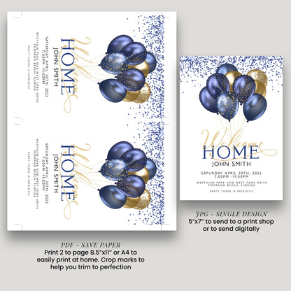 The image is a collage of three images, each featuring a blue and gold balloon design. The first image is a close-up of the balloon design, the second image is a larger print of the balloon design, and the third image is a smaller print of the balloon design. The text on the images includes "HOME" and "John Smith" along with details about the event, such as the date, time, location, and party theme.