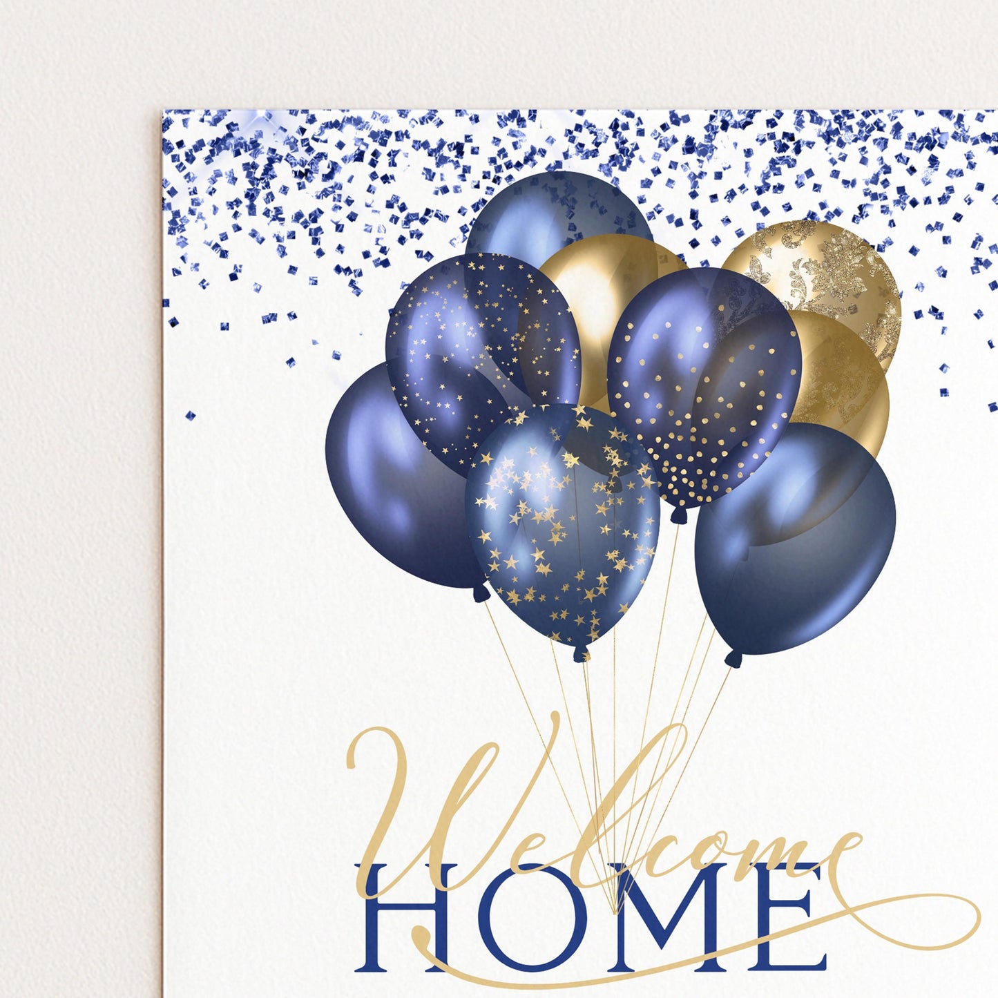 a group of blue and gold balloons floating in the air, with the phrase "Welcome Home" written below them.