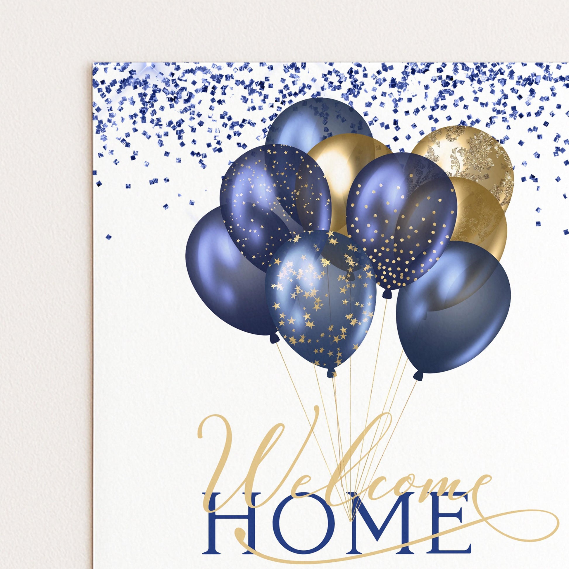 a group of blue and gold balloons floating in the air, with the phrase "Welcome Home" written below them.