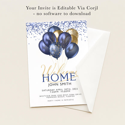 The image is a welcome card for John Smith's arrival at his new home. It features a design with blue and gold balloons floating above the text "Welcome Home" and "John Smith". The card is set against a white background and includes details about the event, such as the date, time, location, and party theme.