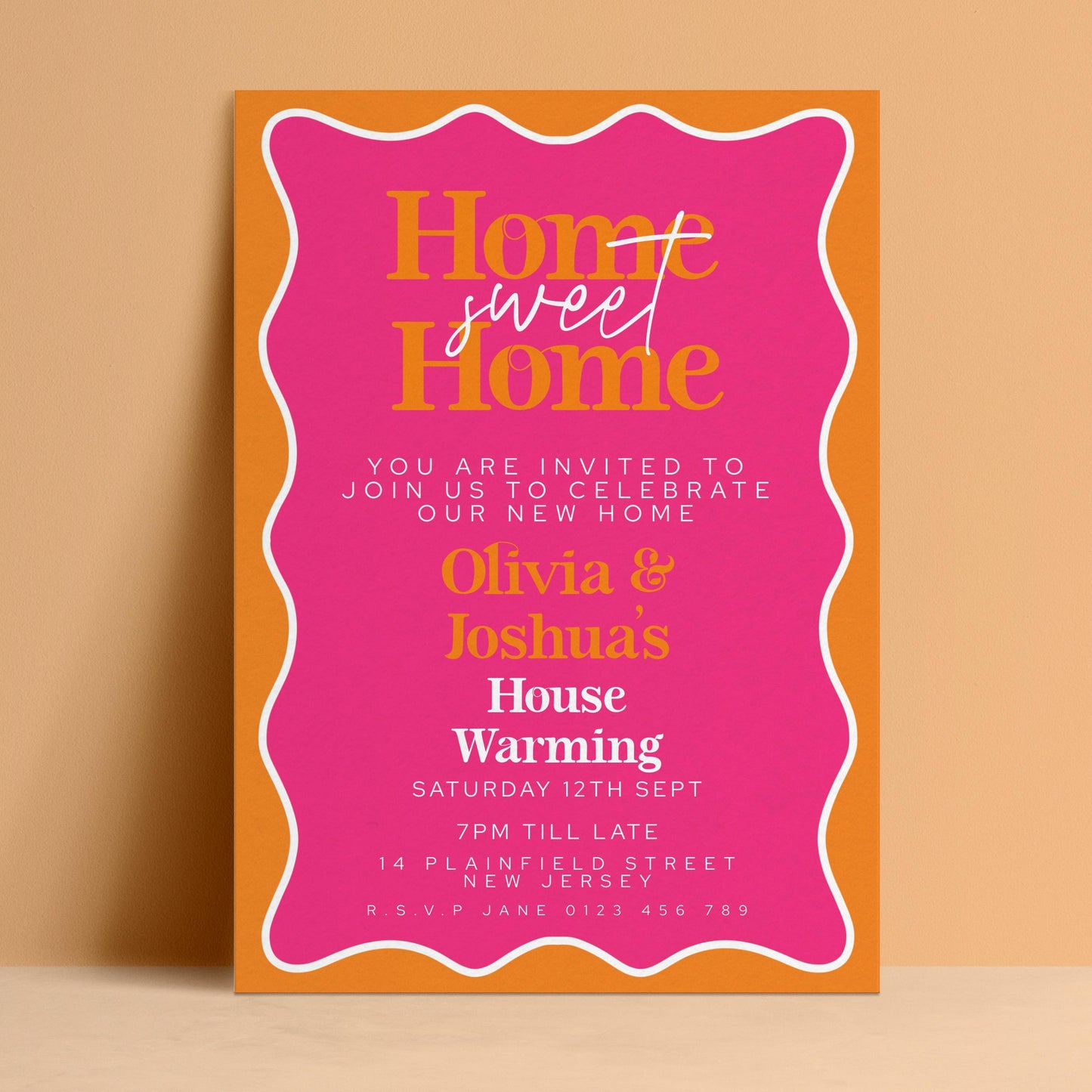 The image is a pink and orange invitation card for a housewarming party.