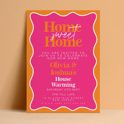 The image is a pink and orange invitation card for a housewarming party.