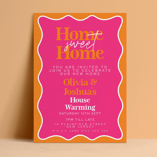 The image is a pink and orange invitation card for a housewarming party.