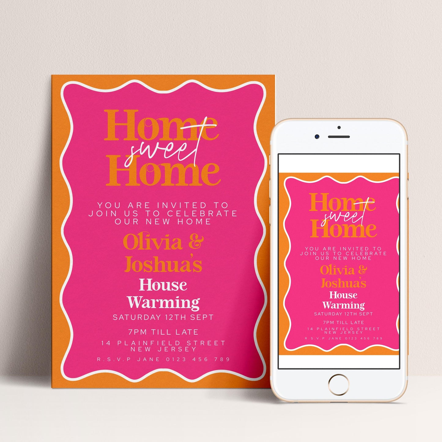 a pink and orange invitation card for a housewarming party, with a smartphone displaying a similar invitation on its screen.