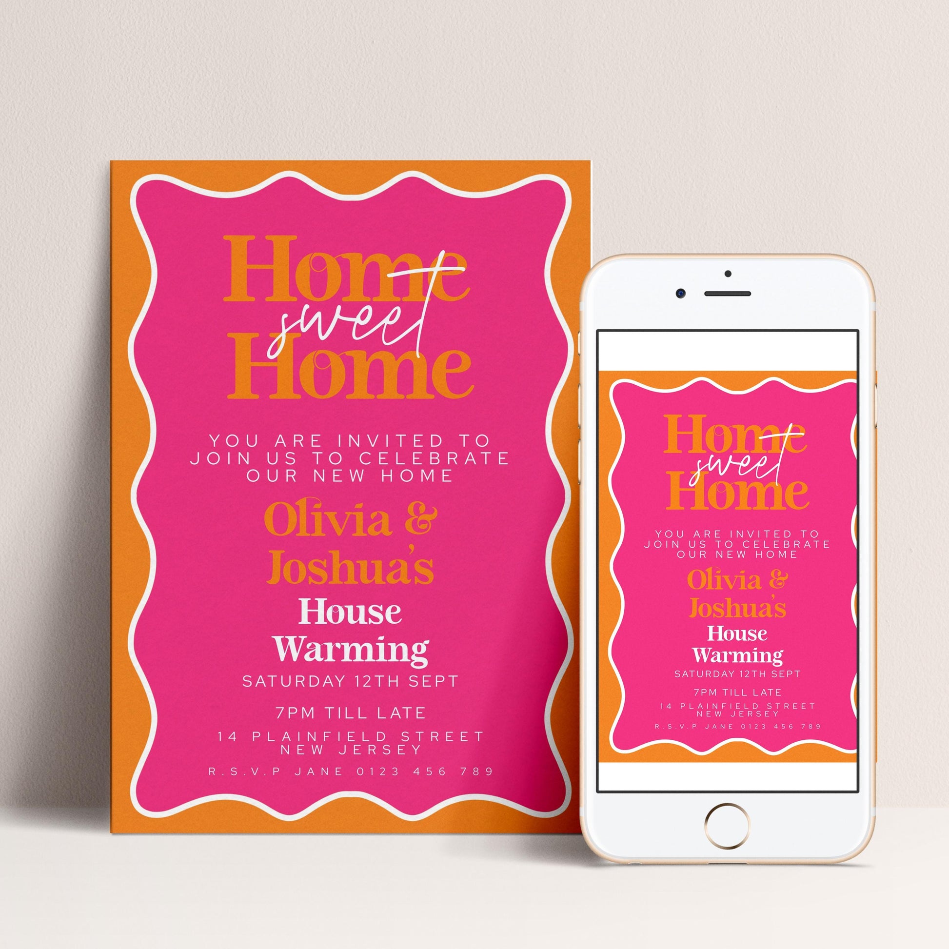 a pink and orange invitation card for a housewarming party, with a smartphone displaying a similar invitation on its screen.