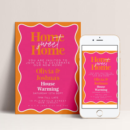 a pink and orange invitation card for a housewarming party, with a smartphone displaying a similar invitation on its screen.