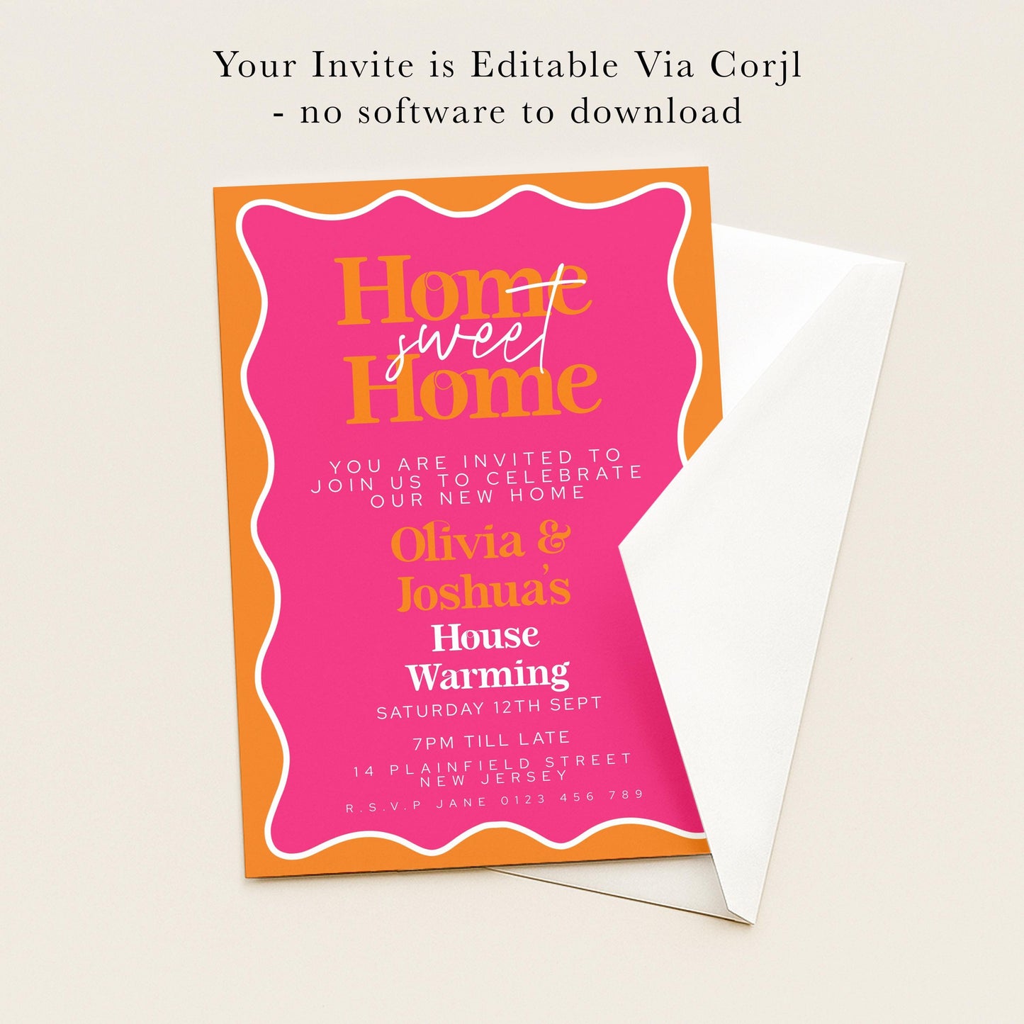 The image is a pink and orange invitation card for a housewarming party.