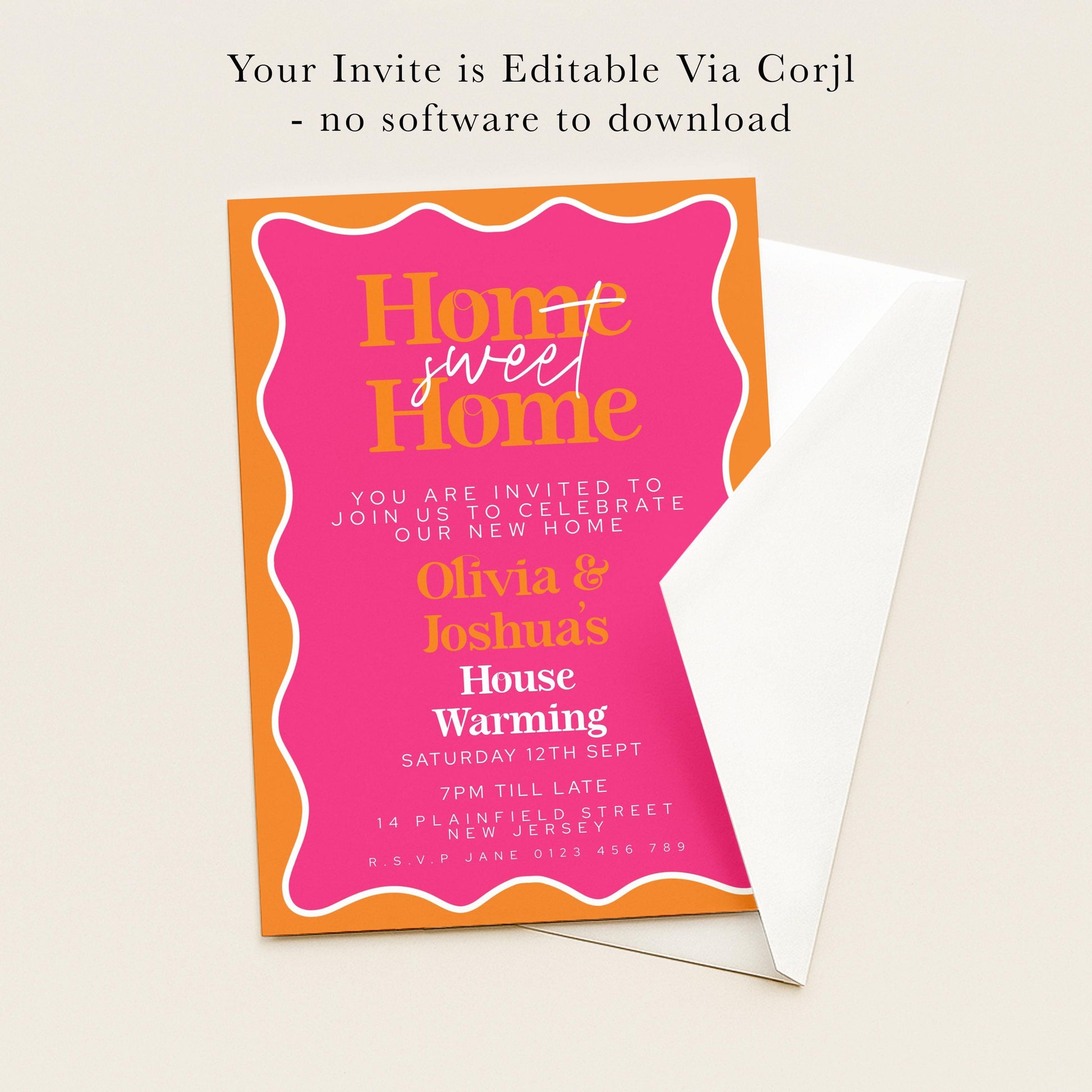 The image is a pink and orange invitation card for a housewarming party.