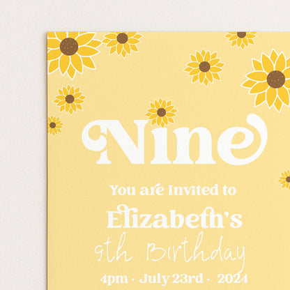 The image is a yellow birthday invitation card for a 9th birthday party.