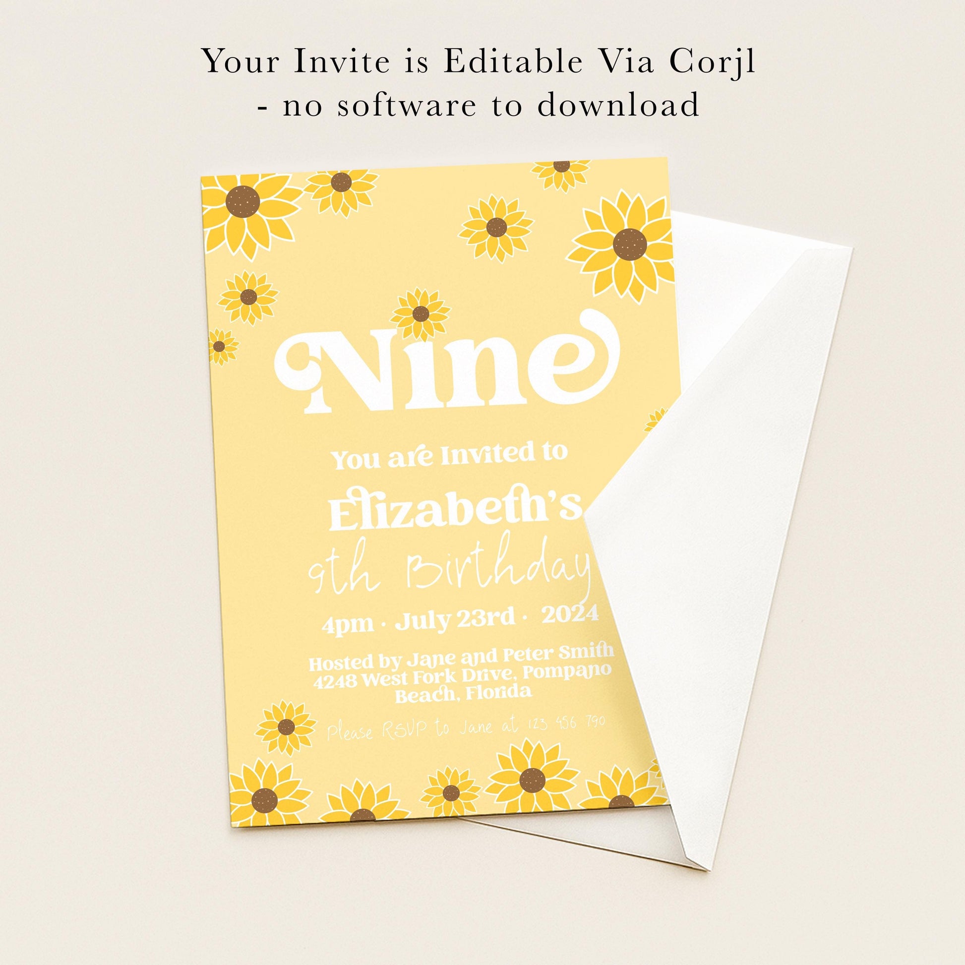The image is a yellow birthday invitation card with a yellow background and yellow sunflowers. The text on the card reads "Your Invite is Editable Via Corjl - no software to download".