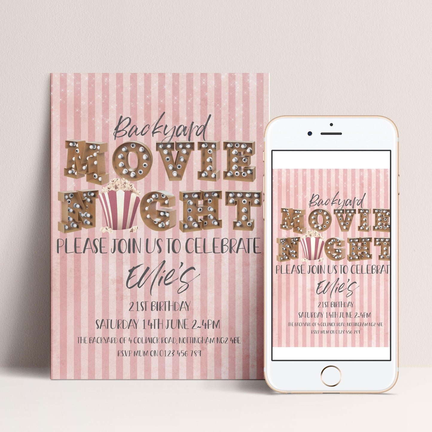 The image is a pink and white striped invitation for a backyard movie night event. It features the text "Backyard Movie Night Please join us to celebrate Elsie's 21st birthday Saturday, 14th June 2:40 pm The backyard of Yvonne Roadhouse, N4638" along with a list of details. The invitation is displayed on both a poster and a smartphone, showcasing the event details in a visually appealing manner.