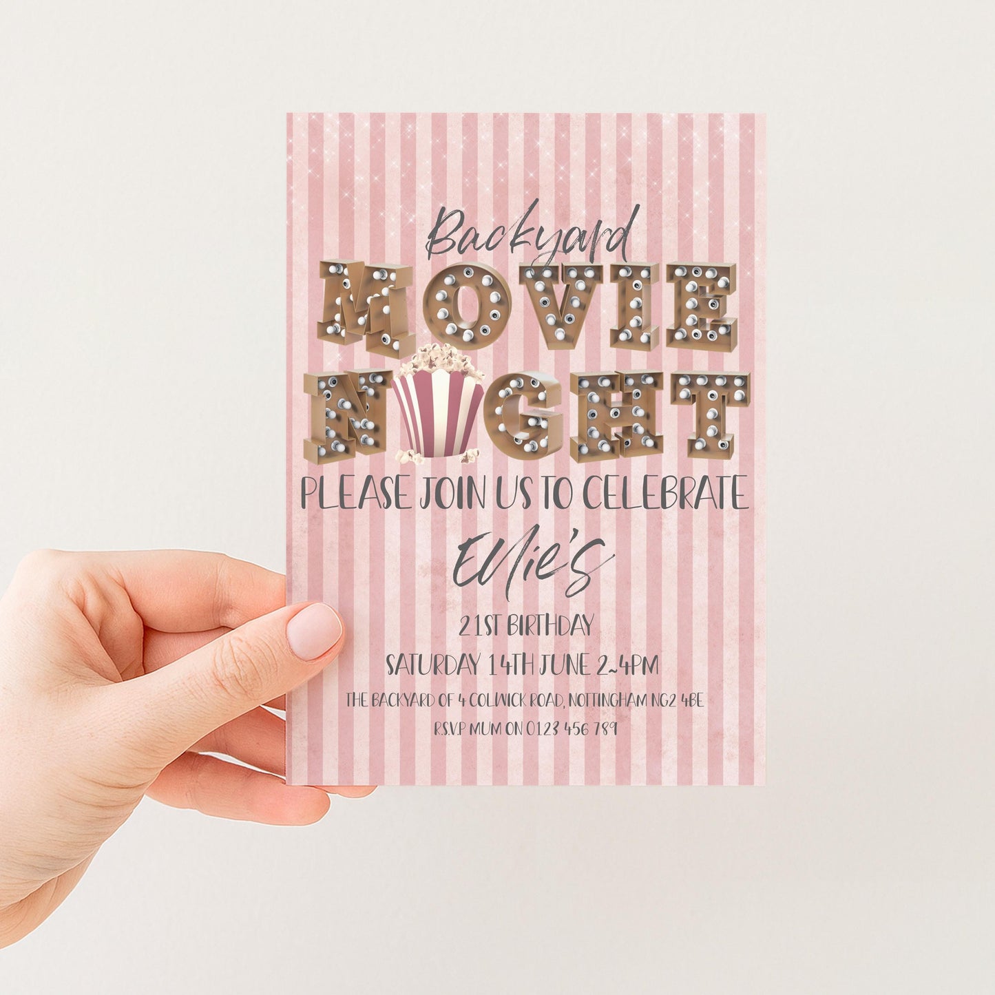 The image is a pink and white striped invitation card for a backyard movie night event.