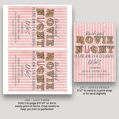 two pink and white invitation cards for a "Backyard Movie Night" event. The cards feature the text "Backyard Movie Night Please join us to celebrate Eilish's 21st birthday Saturday, 15th June 2:30 PM" and provide instructions for guests to print 2 pages of 8.5"x11" or 4"x4" paper to send to a print shop or digitally. The cards also include a "Save Paper" message and instructions for trimming to perfection.