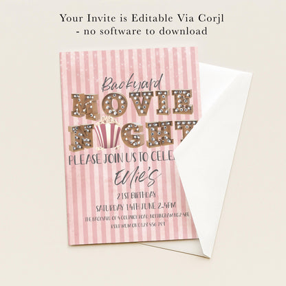 The image is a pink invitation card for a backyard movie night event.