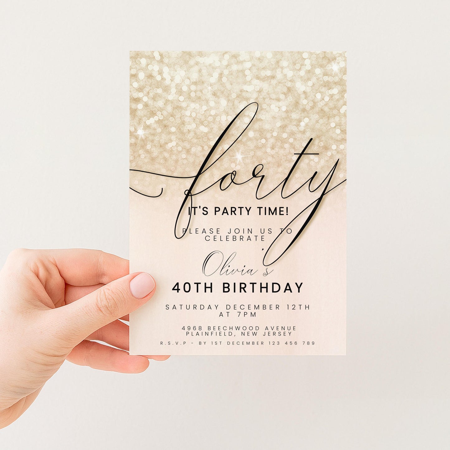 a hand holding a birthday party invitation card with a glittery background and text.