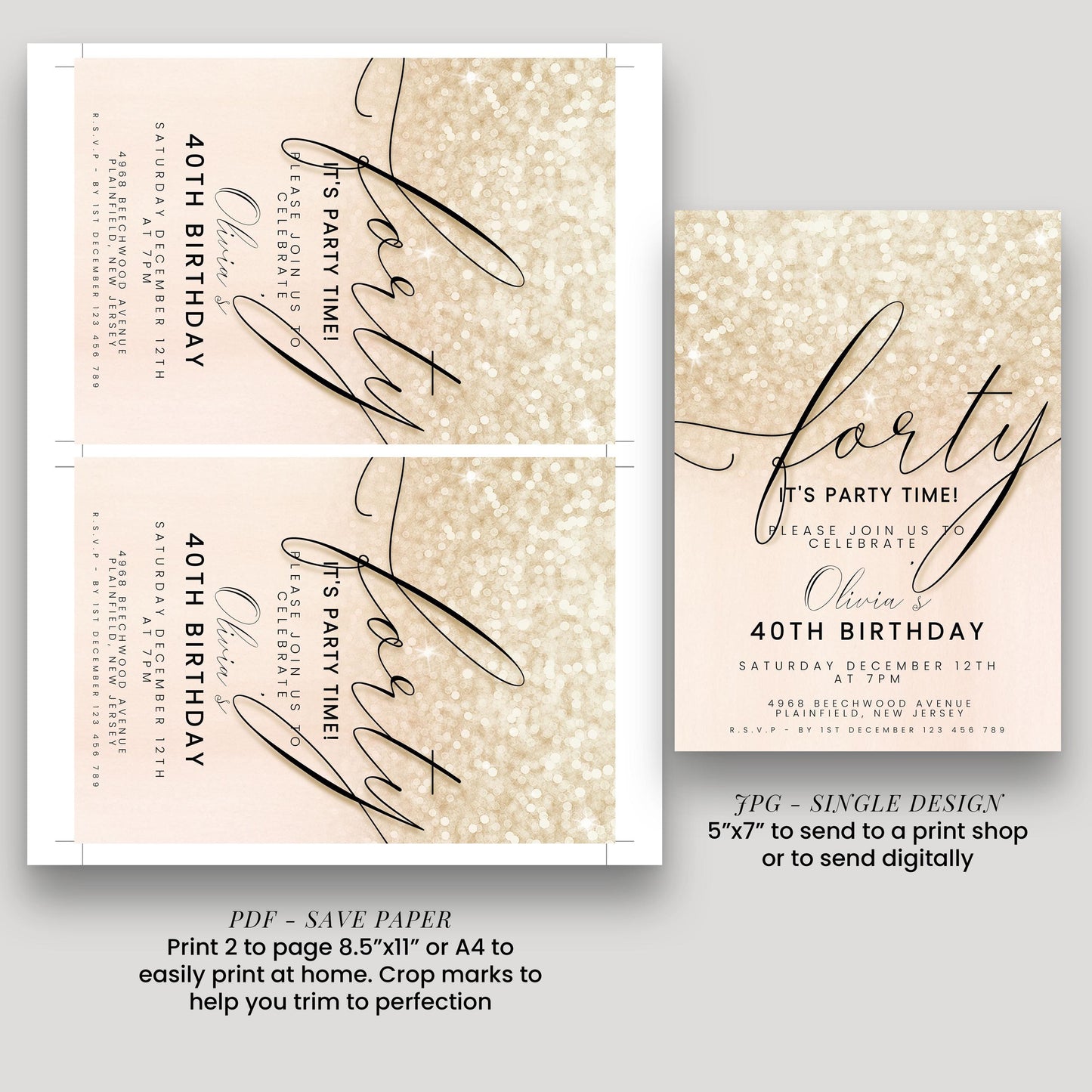 a birthday party invitation for a 40th birthday celebration. The invitation is designed in a gold glitter style and includes details about the party time, location, and RSVP information.