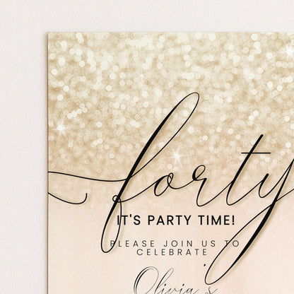 The image is a party invitation with a glittery background and the text "Party It's Party Time!" written in a cursive font.