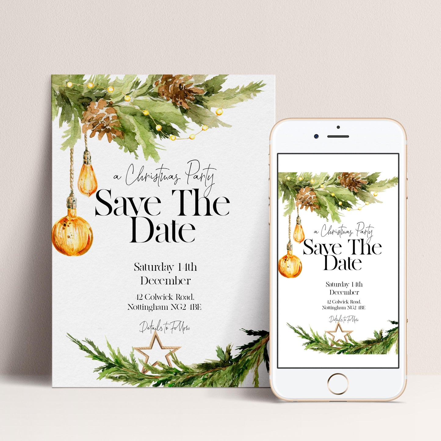A white card and a white smartphone displaying a Christmas party invitation with a festive design featuring pine cones, greenery, and ornaments.