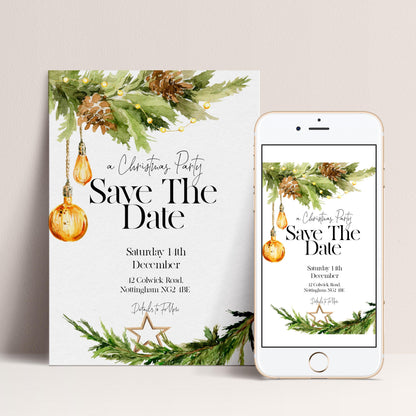 A white card and a white smartphone displaying a Christmas party invitation with a festive design featuring pine cones, greenery, and ornaments.