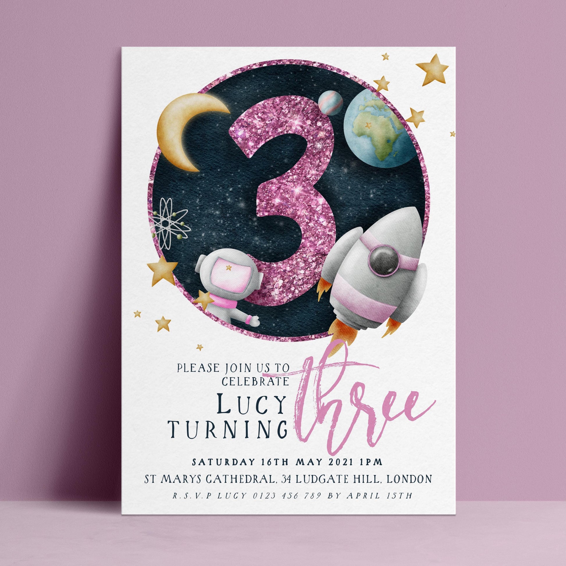 The image is a birthday invitation for a girl named Lucy turning three years old.
