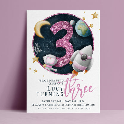 The image is a birthday invitation for a girl named Lucy turning three years old.