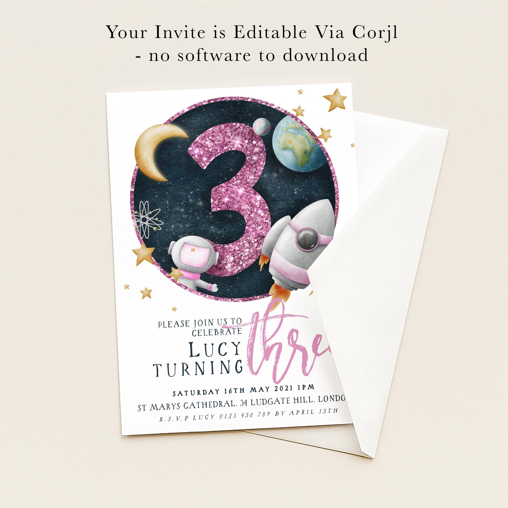 The image is a birthday invitation for a child named Lucy, celebrating her third birthday.