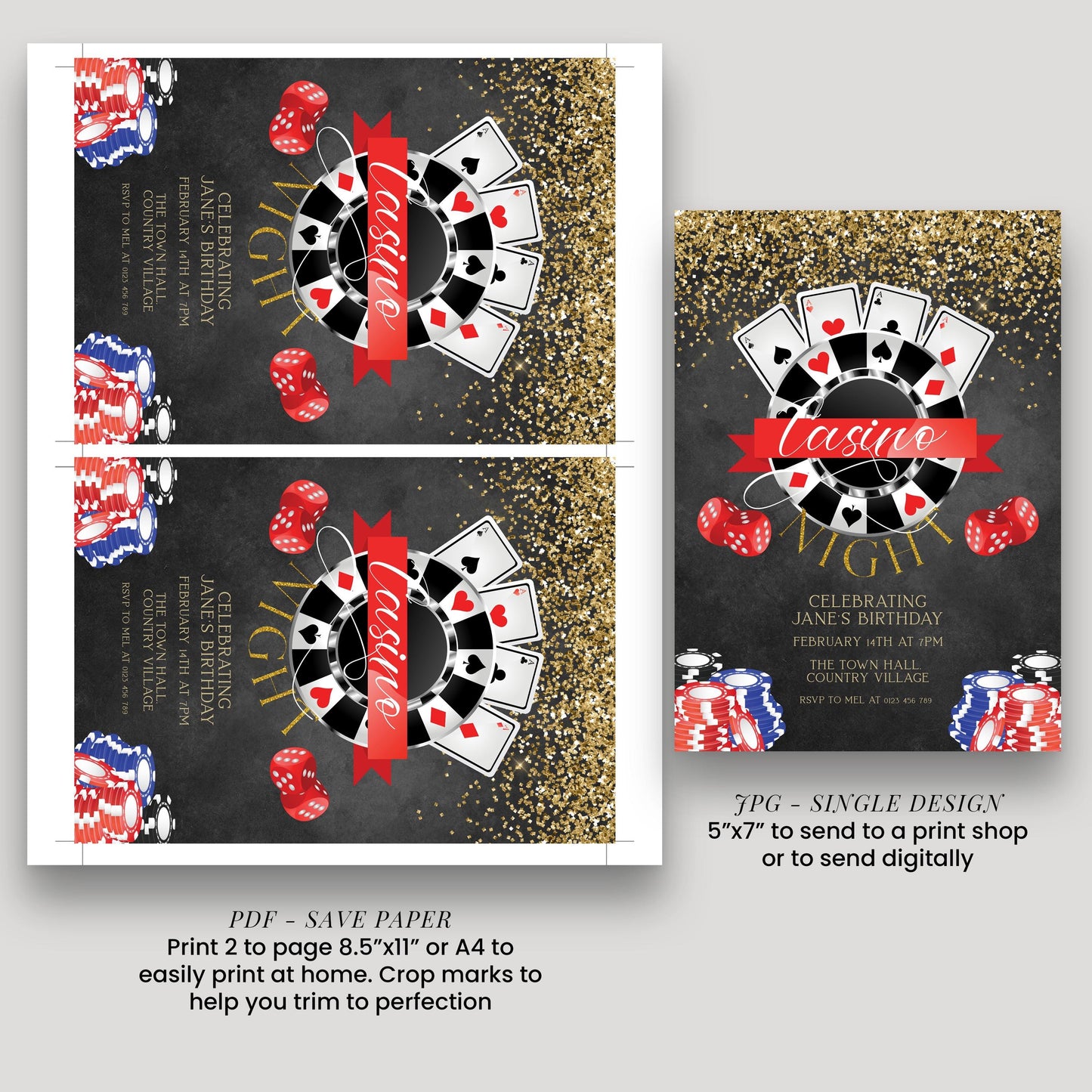 two pages of a design, both featuring casino-themed elements such as playing cards, poker chips, and a casino motif. The design is intended for a birthday party, as indicated by the text "Celebrating Jane's Birthday" and "The Town Hall". The design includes a single page with a 5"x7" border and a single page with a larger border, both of which are intended to be printed to send to a print shop or to be sent digitally.
