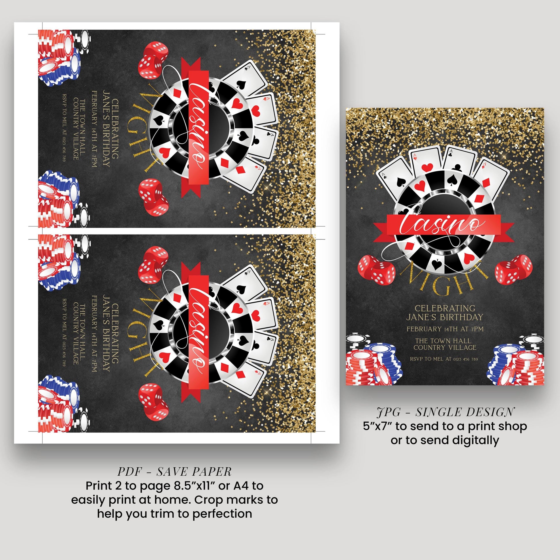 two pages of a design, both featuring casino-themed elements such as playing cards, poker chips, and a casino motif. The design is intended for a birthday party, as indicated by the text "Celebrating Jane's Birthday" and "The Town Hall". The design includes a single page with a 5"x7" border and a single page with a larger border, both of which are intended to be printed to send to a print shop or to be sent digitally.