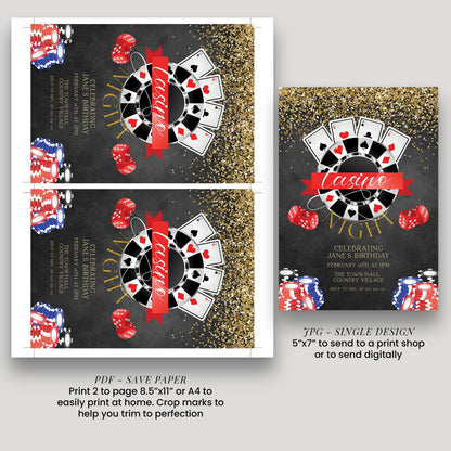 two pages of a design, both featuring casino-themed elements such as playing cards, poker chips, and a casino motif. The design is intended for a birthday party, as indicated by the text "Celebrating Jane's Birthday" and "The Town Hall". The design includes a single page with a 5"x7" border and a single page with a larger border, both of which are intended to be printed to send to a print shop or to be sent digitally.