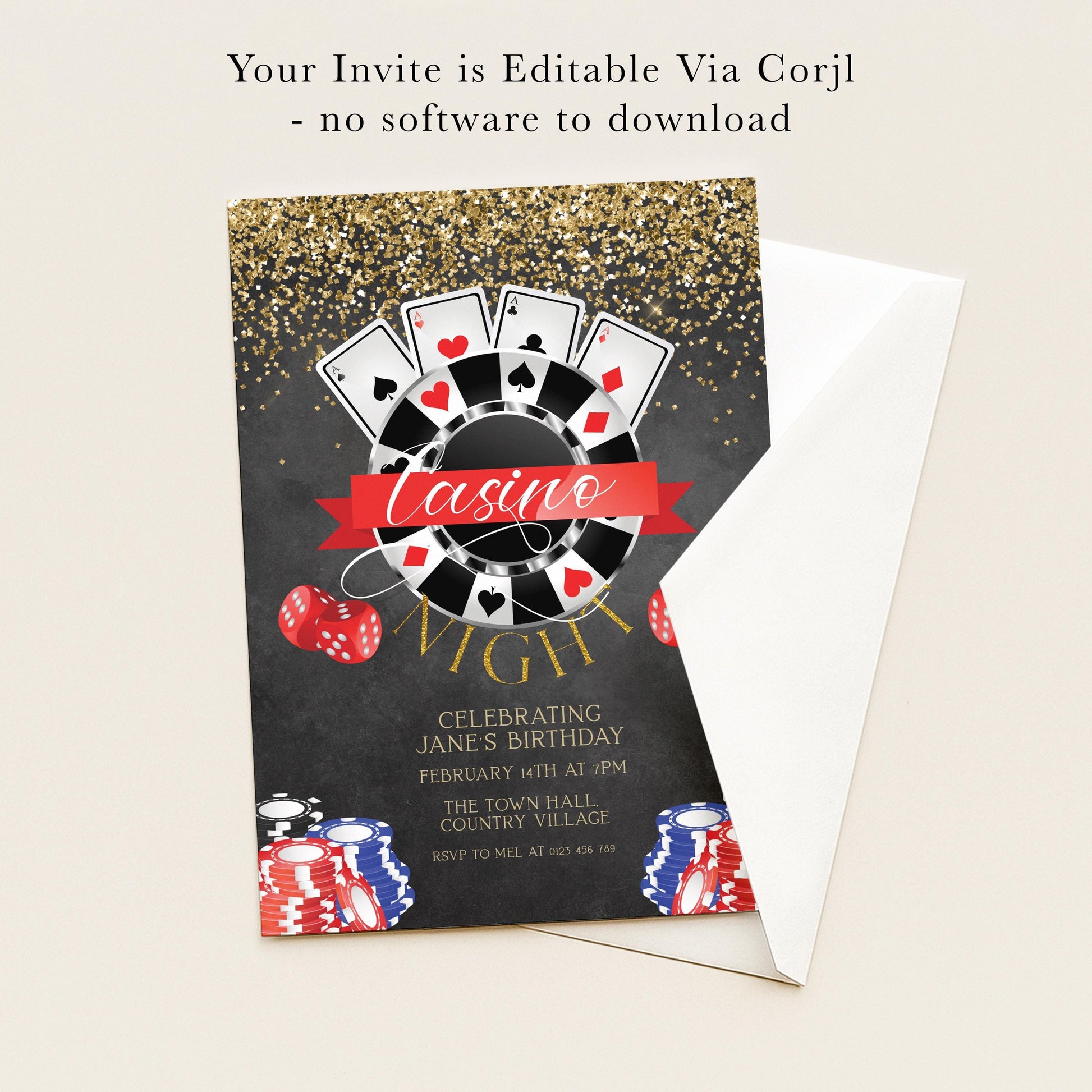 The image is a casino-themed invitation card for a birthday party, featuring a casino motif with playing cards, chips, and a roulette wheel.