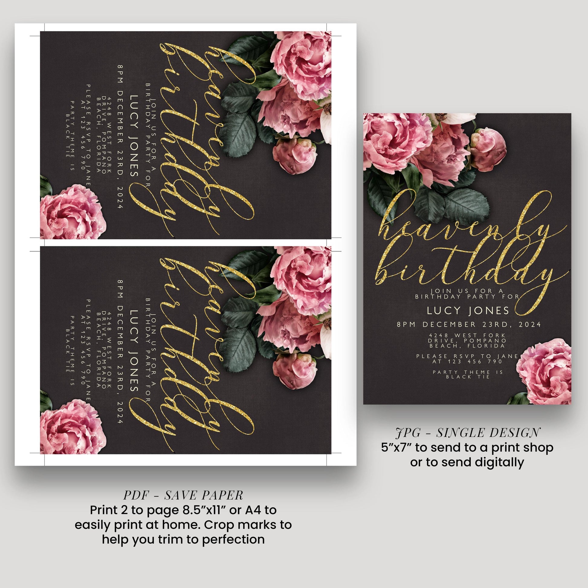 a birthday invitation design featuring a floral background with pink roses and green leaves. The invitation is for Lucy Jones' birthday party and includes details about the event, such as the date, time, location, and RSVP information. The design is a single-page invitation, and it provides instructions for printing and sending the invitation, including the option to print 2 pages or print one page and send digitally.